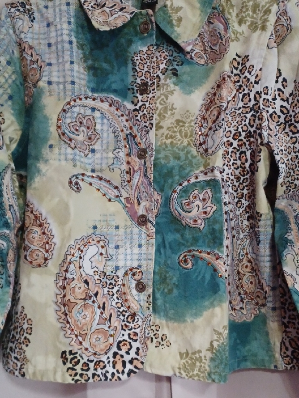 Gaudy Couture Paisley Animal Print Denim Jacket Rhinestones Button Front Sz M - Picture 6 of 15